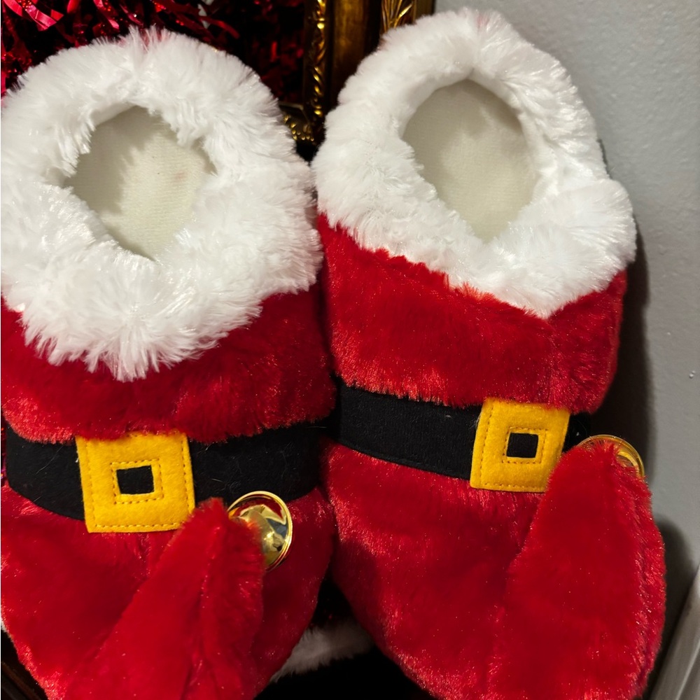 Fuzzy Soft Santa Slippers with jingle bells